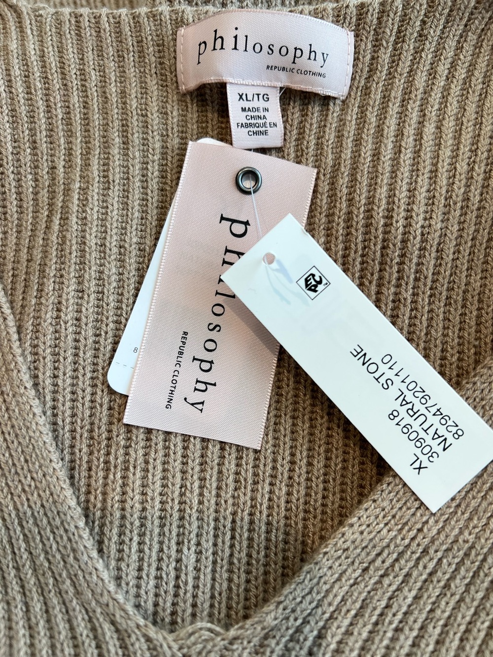 Philosophy Long Sleeve V-Neck Sweater New XL Taupe Light Brown - Picture 9 of 12